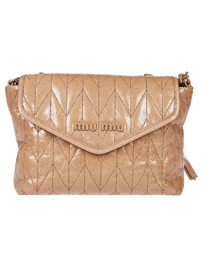 Shop Miu Miu Envelope Logo Quilted Shoulder Bag In Camel