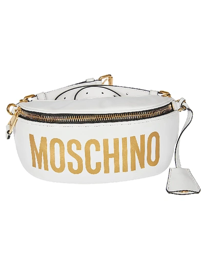 Shop Moschino Logo Print Zipped Belt Bag In White/gold