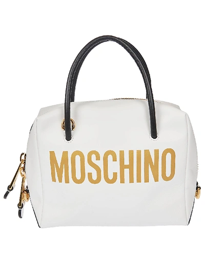 Shop Moschino Top Zip Logo Tote In White/gold