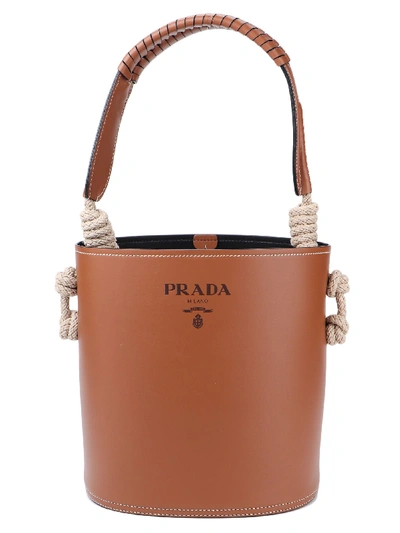 Shop Prada Bucket Bag Leather In Xkv Cognac/nero