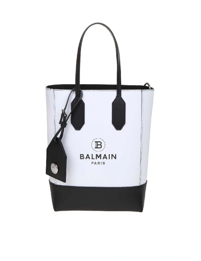 Shop Balmain Small Tote Bag In White Calfskin In Blanc/noir