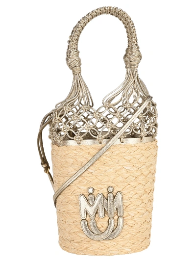 Shop Miu Miu Woven Straw Bucket Bag In Naturale+pirite