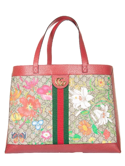Shop Gucci Floral Printed Tote In Rosso