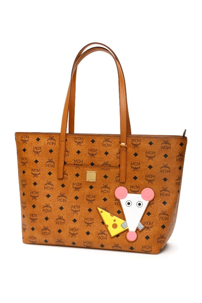 Shop Mcm Anya Visetos Tote Bag Year Of The Mouse In Cognac