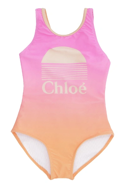 Shop Chloé Logo Print One-piece Swimsuit In Pink