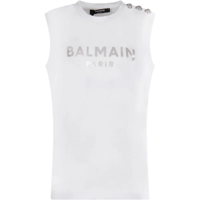 Shop Balmain White Girl Tank Top With Silver Logo