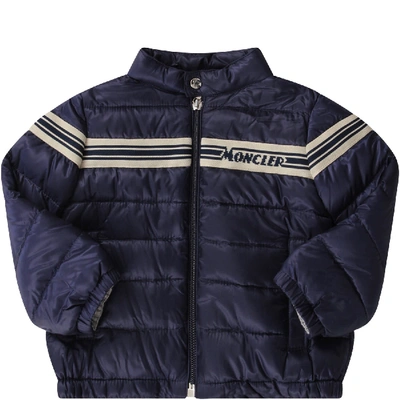 Shop Moncler Blue Babyboy Jacket With Blue Logo