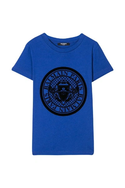 Shop Balmain Kids Logo T-shirt In Blu Elettrico