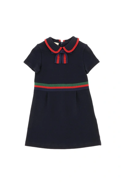 Shop Gucci Cotton Dress With Bow In Urban Blu/red