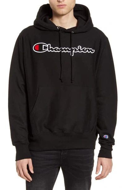 Shop Champion Reverse Weave Chenille Logo Hoodie In Black