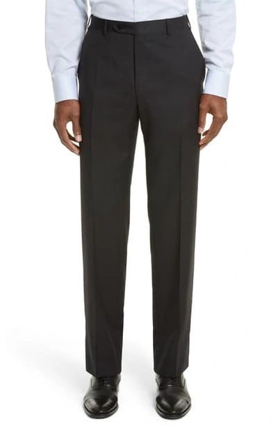 Shop Canali Flat Front Stripe Wool Trousers In Midnight