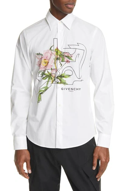 Shop Givenchy Flower Print Cotton Button-up Shirt In White/pink