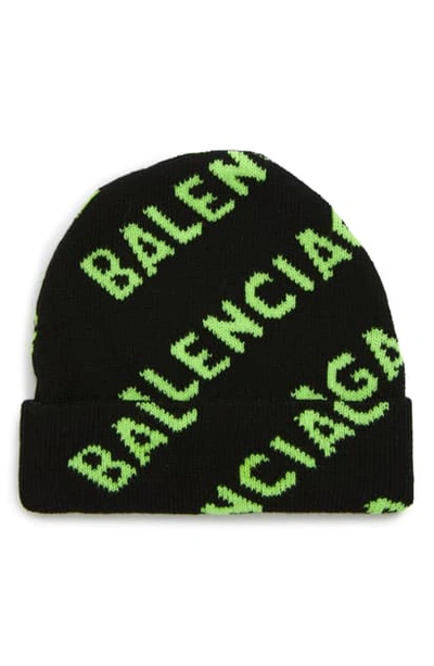 Balenciaga Intarsia Logo Wool Blend Beanie In Black/ Acid Green | ModeSens