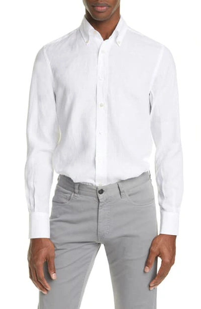 Shop Canali Regular Fit Solid Linen Button-down Shirt In White