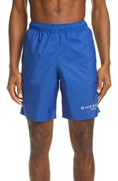 Shop Givenchy Logo Swim Trunks In Royal Blue