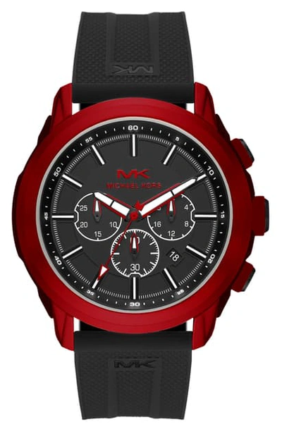 Shop Michael Kors Kyle Chronograph Silicone Strap Watch, 48mm In Black/ Red