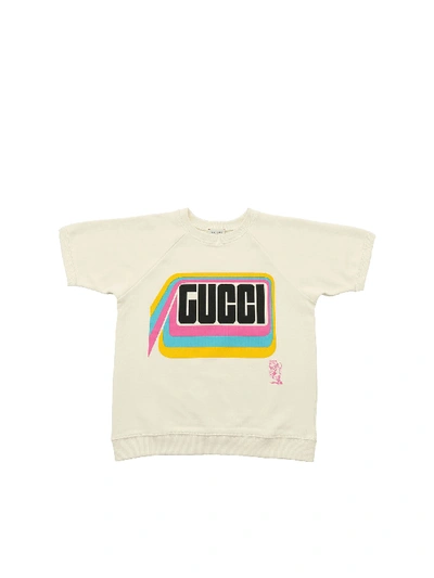 Shop Gucci Short Sleeve Sweatshirt In Ivory Color In White