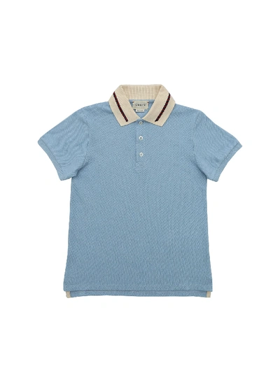 Shop Gucci Embroidered Collar Polo Shirt In Light Blue