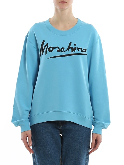 Shop Moschino Logo Print Cotton Sweatshirt In Light Blue