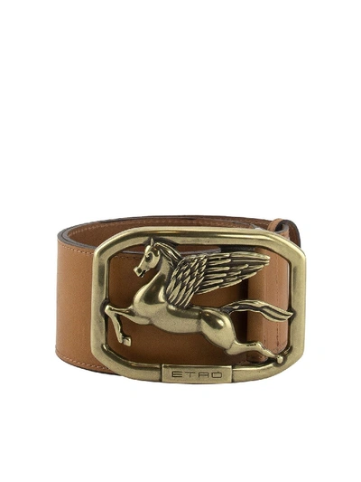 Shop Etro Pegaso Buckle Leather Belt In Brown