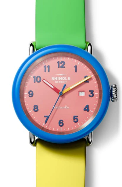 Shop Shinola Detrola Silicone Strap Watch, 43mm In Yellow/ Green/ Bubble/ Blue