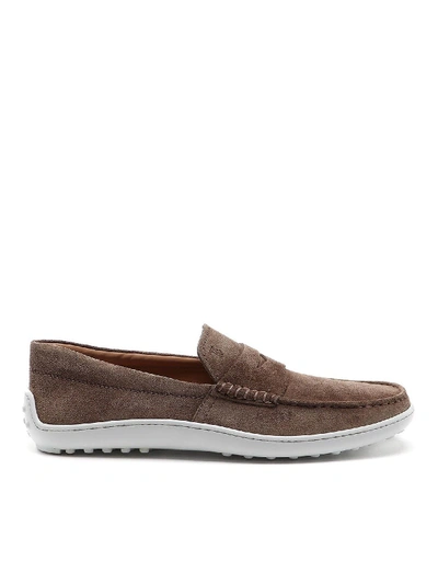 Shop Tod's Gommino Suede Loafers In Brown In Grey