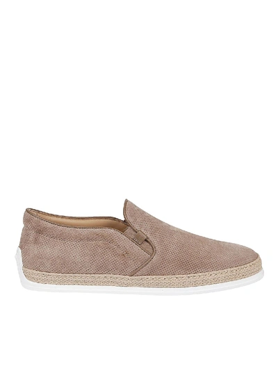 Shop Tod's Perforated Suede Slip-ons In Beige