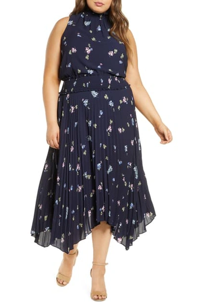 Shop Vince Camuto Floral Pleated Midi Dress In Night Navy