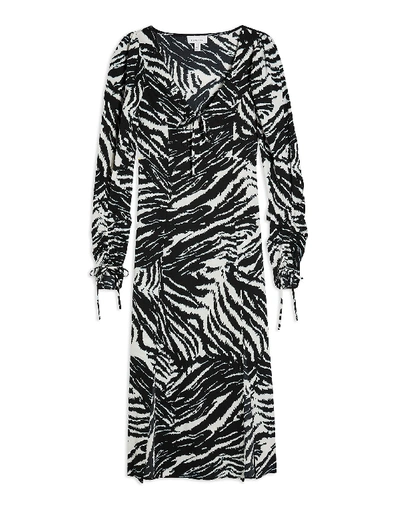 Shop Topshop Black And White Zebra Ruched Sleeve Midi Dress Woman Midi Dress Black Size 4 Polyester