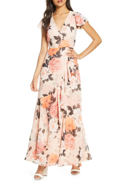 eliza j backless metallic maxi wrap dress