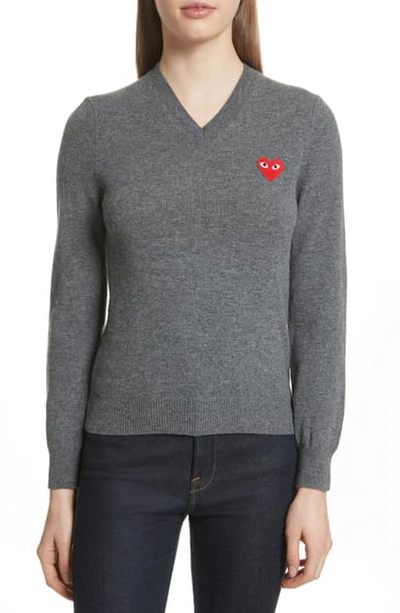 Shop Comme Des Garçons Play Wool V-neck Sweater In Grey
