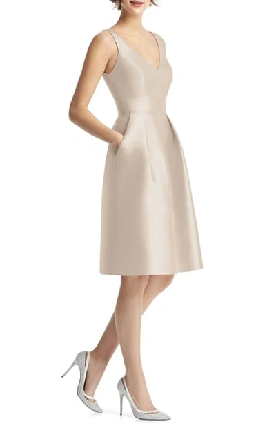 Shop Alfred Sung V-neck Satin Cocktail Dress In Cameo