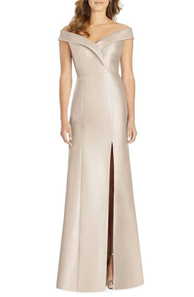 Shop Alfred Sung Portrait Collar Satin Trumpet Gown In Cameo