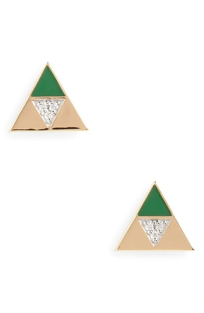 Shop Harwell Godfrey Enamel & Diamond Triangle Stud Earrings In Yellow Gold/ Diamond/ Green