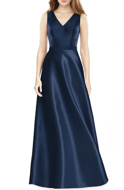 Shop Alfred Sung V-neck Satin Twill A-line Gown In Midnight
