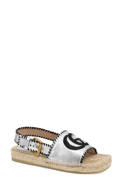 Shop Gucci Pilar Embroidered Double G Logo Slingback Espadrille Sandal In Silver