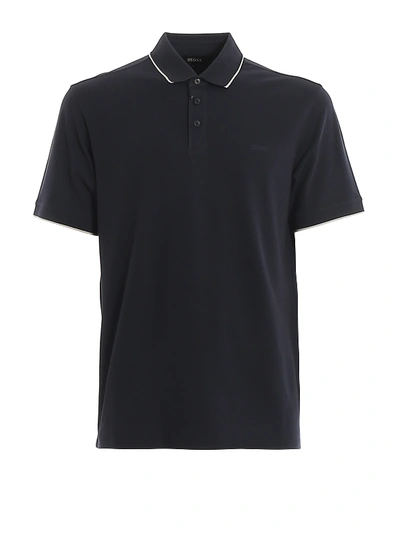 Shop Z Zegna Pique Polo With Rubberised Logo Lettering In Dark Blue