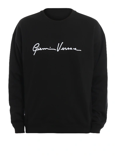 Shop Versace Flocked Logo Lettering Cotton Sweatshirt In Black