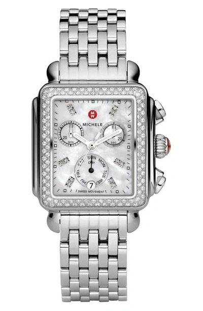 Shop Michele Deco Diamond Chronograph Watch Head & Bracelet, 33mm In Silver/ White