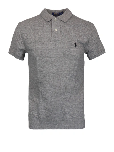 Shop Polo Ralph Lauren Logo Grey Pique Cotton Polo Shirt