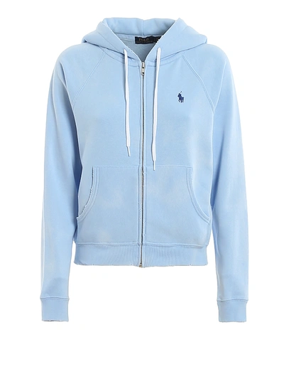 Shop Polo Ralph Lauren Used Effect Cotton Fleece Hoodie In Light Blue