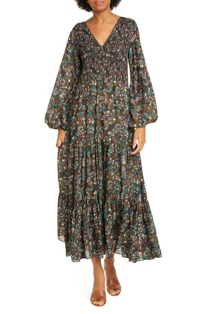 Shop Rixo London Brooke Smocked Long Sleeve Maxi Dress In Klimt Wave Stripe