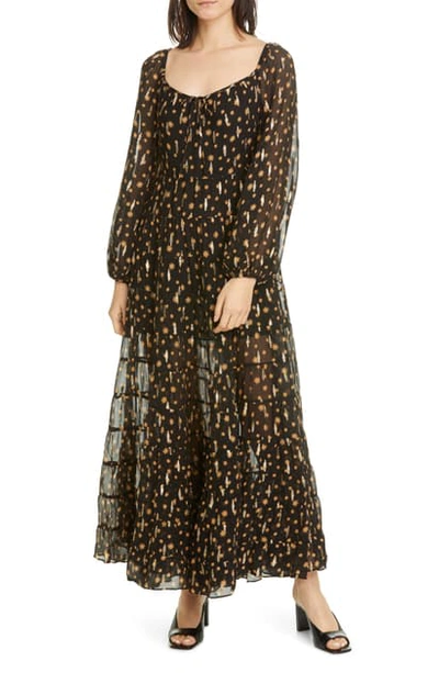 Shop Rixo London Cameron Star Print Long Sleeve Metallic Silk Maxi Dress In Mini Star Black Gold