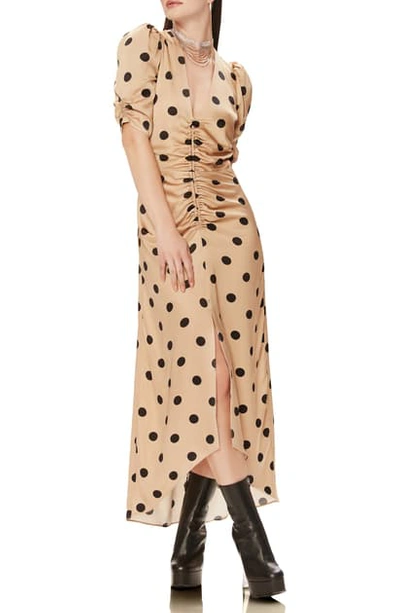 Shop Afrm Suki Ruched Midi Dress In Sand Polka Dot