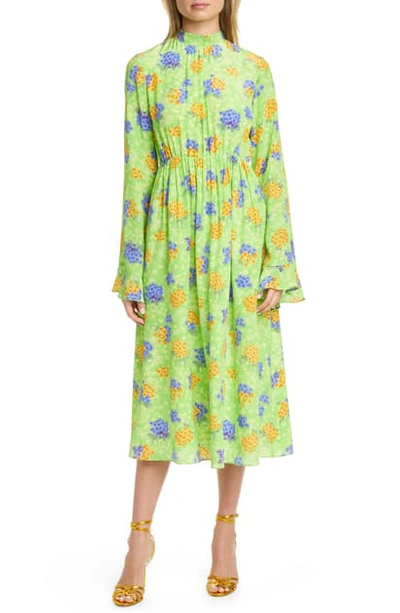 Shop Les Rêveries Ruffle Cuff Floral Silk Long Sleeve Midi Dress In Green Hyacinth
