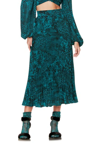 Shop Afrm Dilan Pleated Midi Skirt In Teal Animal