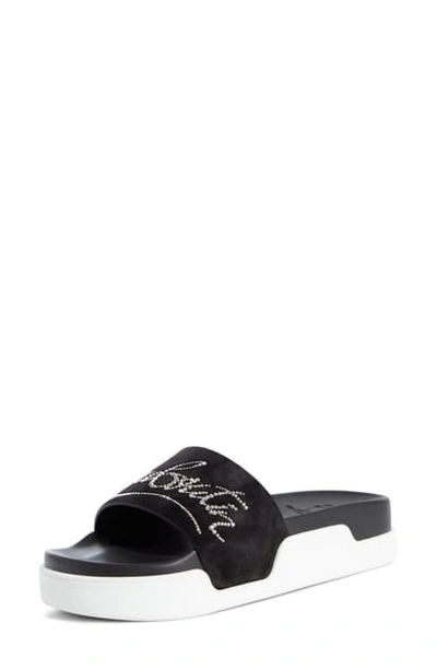 Shop Christian Louboutin Dear Crystal Logo Slide Sandal In Black/ Crystal
