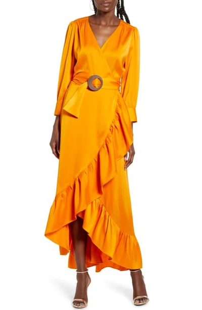 Shop Wayf Savoia Belted Satin High/low Midi Dress In Tangerine