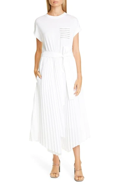 Shop Brunello Cucinelli Pleated Skirt Asymmetrical Midi Dress In White