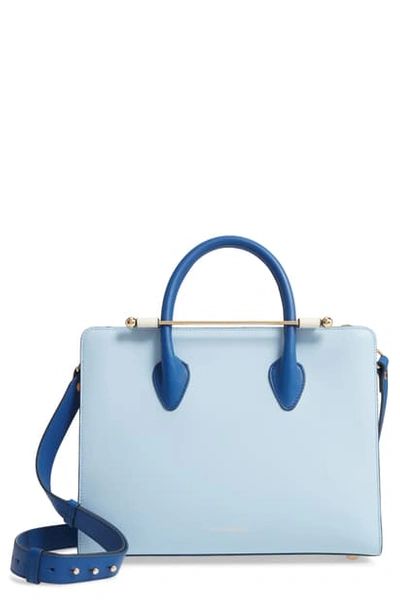 Shop Strathberry Tricolor Midi Leather Tote In Sky Blue/ Vanilla/ Cobalt